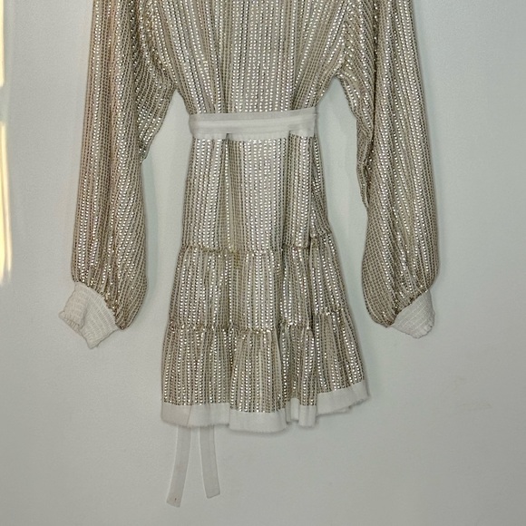 ASOS Champagne Gold/Platinum Metallic Sequins Belted Long Sleeve Wrap Dress - Picture 15 of 15